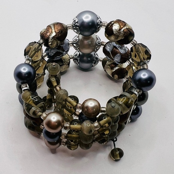 Jewelry - Multi Strand Memory Wire Wrap Bracelet Faux Pearl Art Glass Beads Earthy Tones